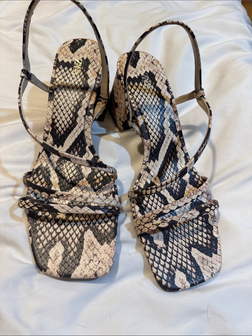 Zara Snake-Print Strappy Heels - Black & Cream